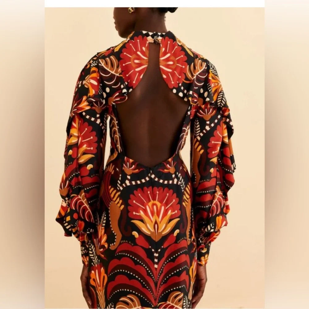 Farm Rio Nature Beauty Red Scarf Backless Dress L NWT - Picture 2 of 7